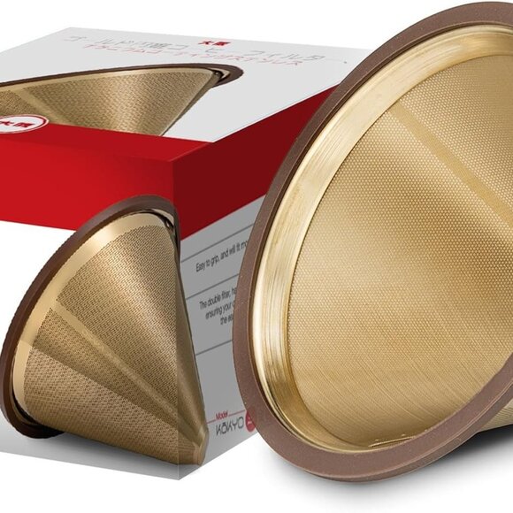 Osaka Titanium Pour Over Coffee Dripper with Double Layered Filter, Gold Cone - Picture 2 of 3